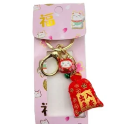 Lucky Cat with Red Fortune Pouch Keychain