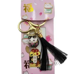 Lucky Cat Green Keychain with Tassel