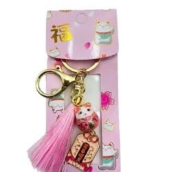 Lucky Cat Green Keychain with Tassel