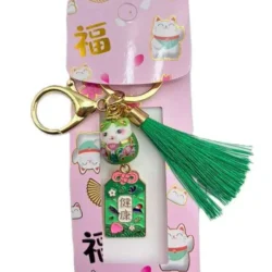 Lucky Cat Green Keychain with Tassel